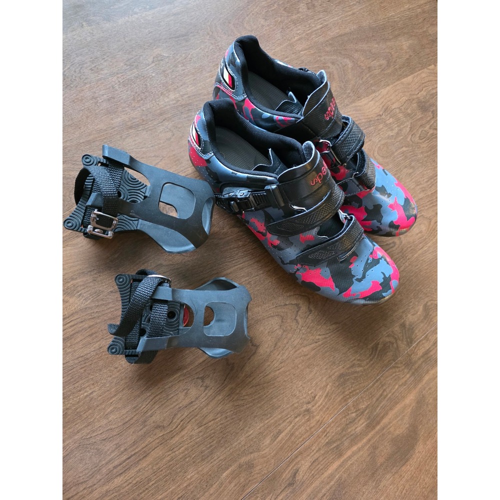 Speed Cycling Shoes Pink Grey Camo Road Bike Spin Shoes with Toe Cages Size 47